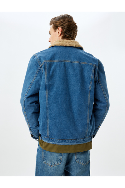 Koton Бавовняна джинсова куртка з коміром зі штучного хутра з детальними кишенями з клапанами