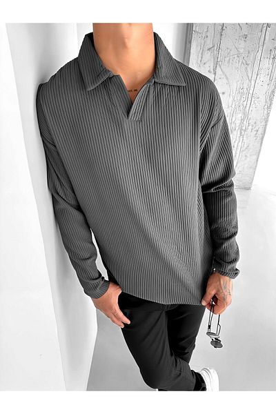 ablukaonline Smoked Men's Polo V-Neck Long Sleeve Sweatshirt - Comfortable Fit