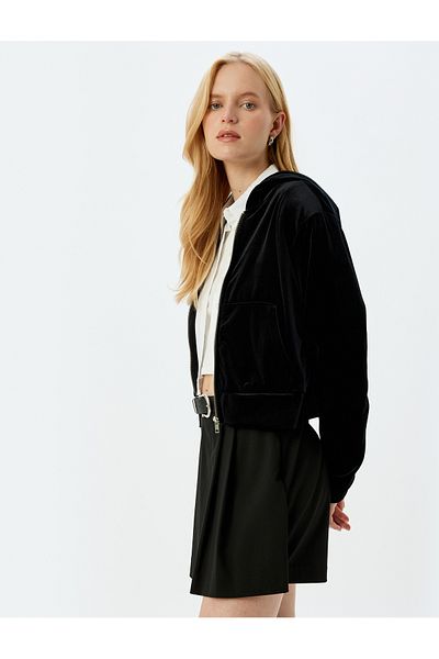 Koton Velvet Sweatshirt with Pockets and Hooded Zipper
