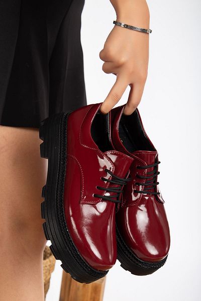 Hayalimdeki Ayakkabı Western Lace Detailed Claret Red Patent Leather Women's Stylish Casual Shoes