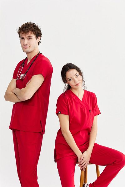 Çatı Medikal Ultralycra Basic - Set de scrubs pentru doctor asistentă din Lycra, uniformă chirurgicală (UNISEX), roșu