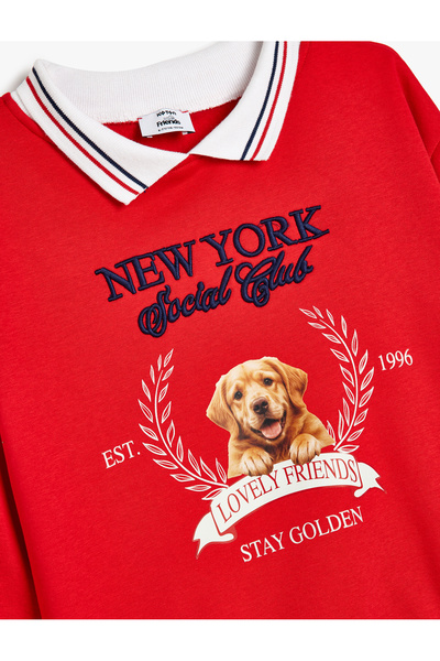 Koton Polo Yaka Sweatshirt Köpek Baskılı Uzun Kollu Şardonlu