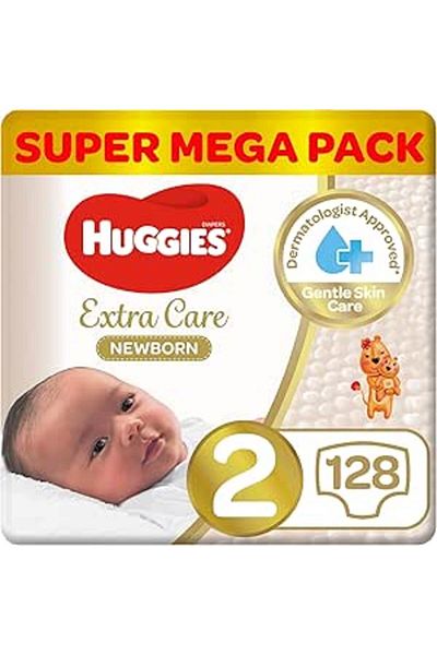 Huggies Extra Care Newborn, Size 2, 4 - 6 kg, Twin Jumbo Pack, 128 Diapers