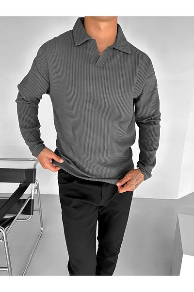ablukaonline Smoked Men's Polo V-Neck Long Sleeve Sweatshirt - Comfortable Fit