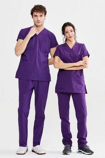 Çatı Medikal Ultralycra Basic - Set de scrubs pentru doctor din Lycra, uniformă chirurgicală (UNISEX), violet