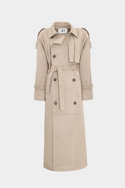 Açelya Okcu Premium Wide Cut Epaulette Λεπτομερής Maxi Suede γυναικεία καμπαρντίνα