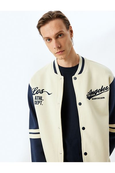 Koton Color-Blocking Cotton Blend Raised Embroidered Pocket Detailed College Collar Jacket