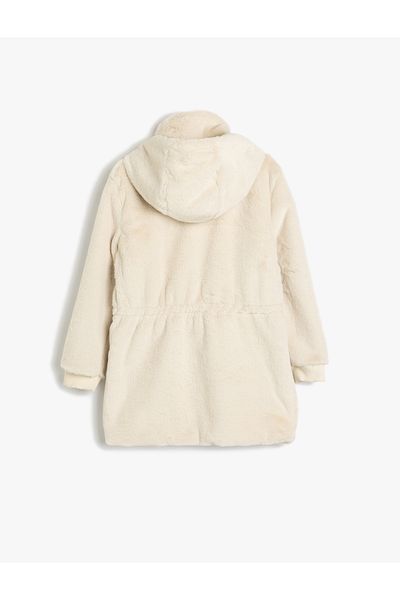Koton Plush Hooded Coat - Zippered and Pocket Detail