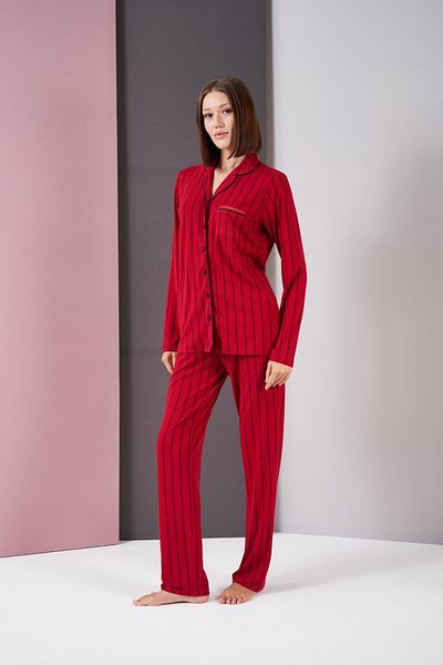 PJS Costum de pijama cu mânecă lungă în dungi cu nasturi pentru femei
