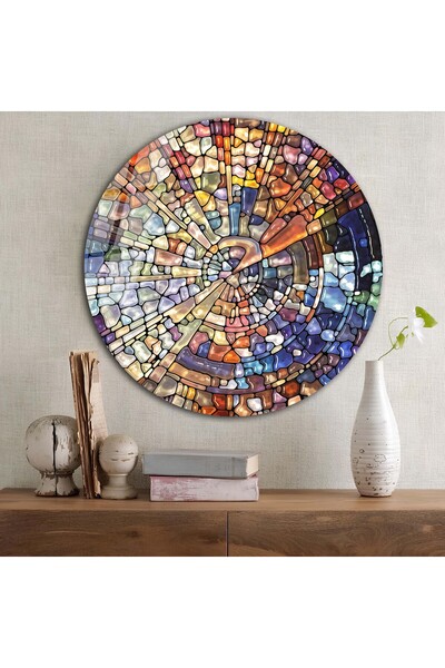 bestdecor Soyut Vitray Tema Yuvarlak Cam Tablo | Hediyelik, Dekoratif, Ofis, Mutfak, 22