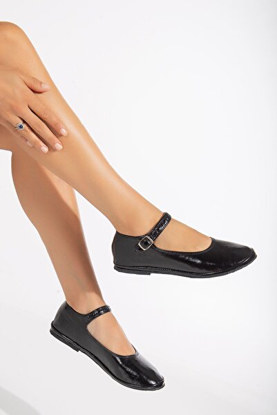 Hayalimdeki Ayakkabı Γυναικεία μπαλαρίνα μπαλαρίνα - Μαύρη δερμάτινη πόρπη με...