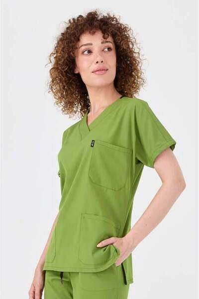 Çatı Medikal Pistachiu Verde Fericire Spaniol - Scrubs Medic Asistent din Lycra (FEMEI), Bluză chirurgicală unică