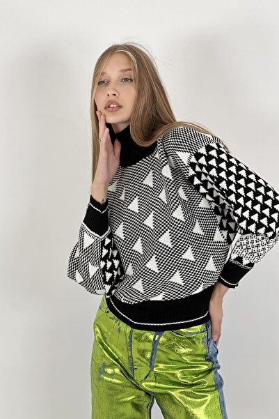 Miss Poem Women's Turtleneck Jacquard Bat Sleeve Winter Black Knitwear Sweater