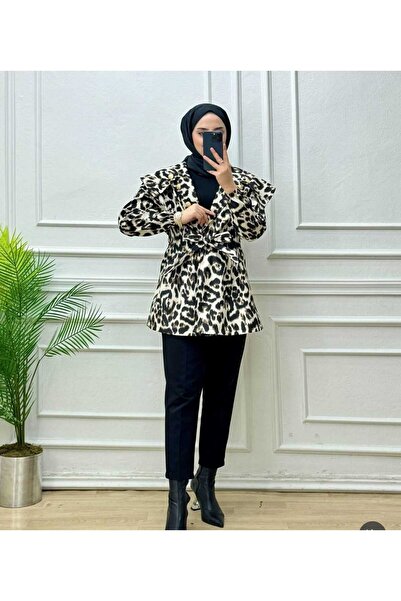 POLANGEL Leopar Desenli Trençkot Kemer Detaylı