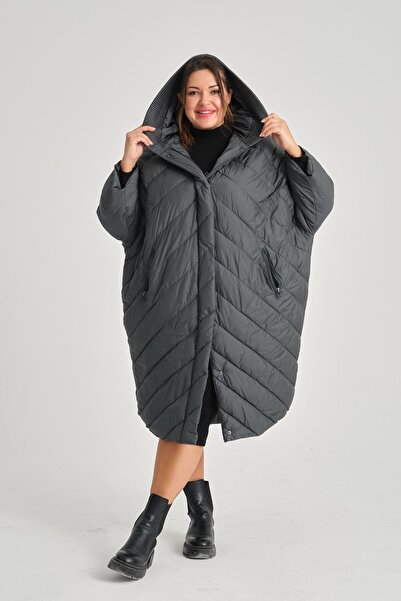 della moor Women's Petrol Blue Hooded Elastic Oversize Quilted Long Coat