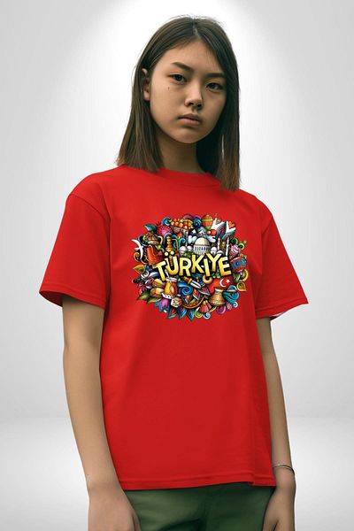 Angemiel Turkey Special Characters Cotton Crew Neck Women Men Oversize Boyfriend Digital Printed Red