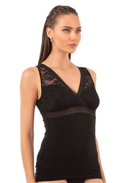 ÖZKAN underwear Özkan 25359 Women's Cotton Single Jersey Flexible Comfortable Soft V-Neck Lace Detailed Thick Strap Undershirt