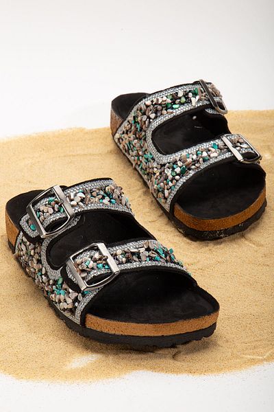 Hayalimdeki Ayakkabı Beti Black Suede Double Striped Slippers