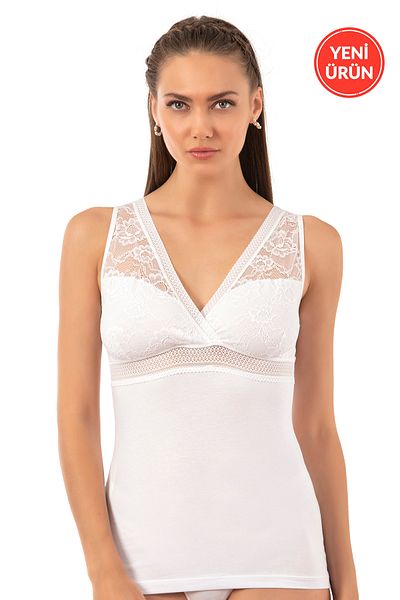 ÖZKAN underwear Özkan 25359 Women's Cotton Single Jersey Flexible Comfortable Soft V-Neck Lace Detailed Thick Strap Undershirt