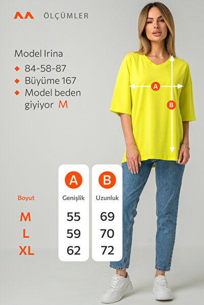 Happy Fox Pamuklu Likralı Kadın V Yaka Baskısız Oversize Düz T-shirt Basic Lime
