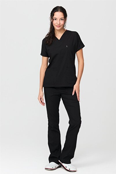 Çatı Medikal UltraLycra Spaniard - Likralı Doktor Hemşire Forma Takımı Scrubs Üniforma Cerrahi Takım (KADIN), Siy