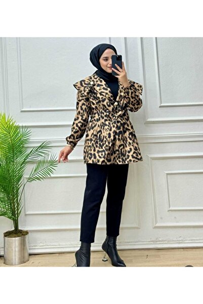 POLANGEL Leopar Desenli Trençkot Kemer Detaylı