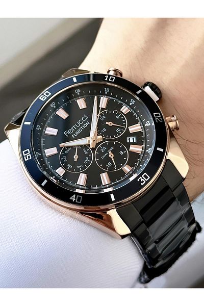 Ferrucci Men's Black Rose Functions Metal Band Wristwatch with Active Calendar - Dual Watch Display