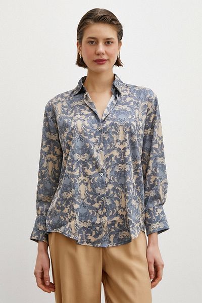 Never more Shawl Patterned V-Neck Shirt Turquoise