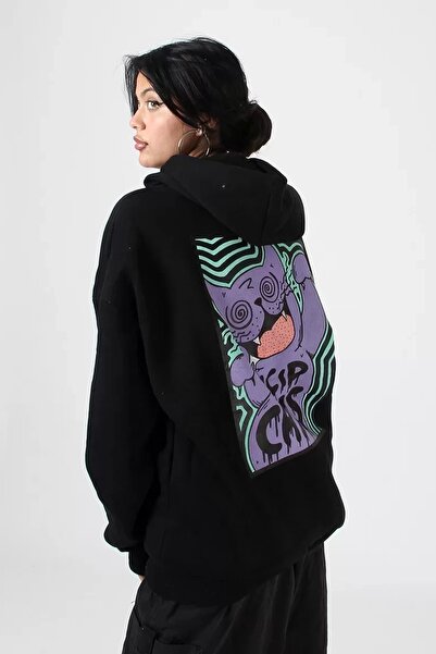 Bak Moda سويت شيرت بقلنسوة أسود كبير الحجم مطبوع عليه ظهر قطة حمضية للجنسين