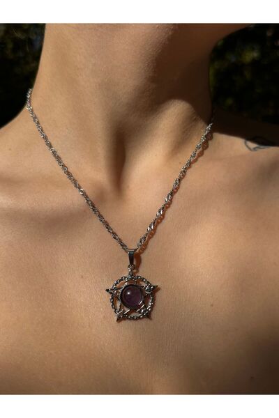 Pure Gem Ametist Yıldız Model Gümüş Kaplama Doğal Taş Kolye