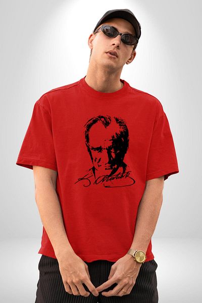 Angemiel Kemal Atatürk Signature and Silhouette Cotton Crew Neck Women Men Oversize Boyfriend Digital Printed K