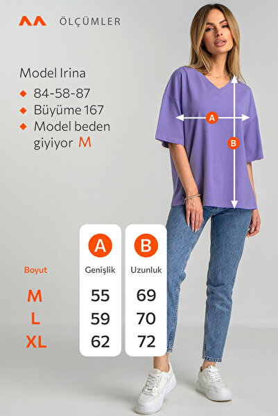 Happy Fox Pamuklu Likralı Kadın V Yaka Baskısız Oversize Düz T-shirt Basic Mavi Mor