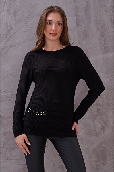 SHUGAA Kadın Cebi Parıltılı Inci Detaylı Esnek Üste Oturan Triko Bluz