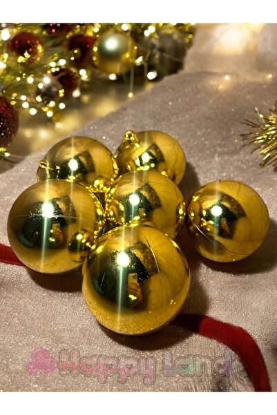 Happyland زينة شجرة الصنوبر للعام الجديد، كرة عيد الميلاد الذهبية، 8 سم، 6 قط...