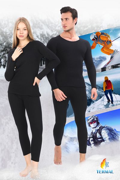 SAUNA SUIT Унисекс зимно топло термо бельо Долен горен комплект, памучен черен термо комплект