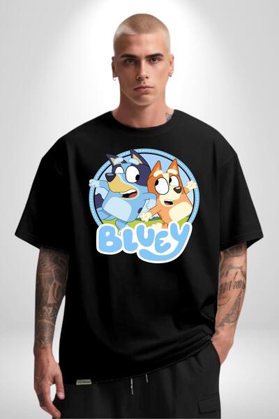 Angemiel Bluey Cotton Crew Neck Women Men Oversize Boyfriend Digital Printed Black T-shirt