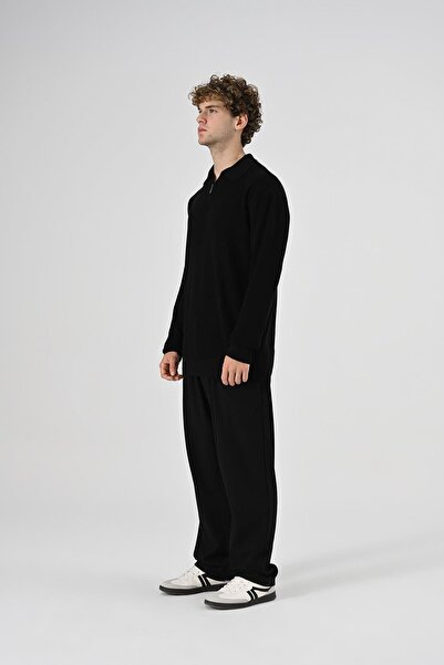 Dembu Polo Yaka Uzun Kollu Triko Tişört Siyah