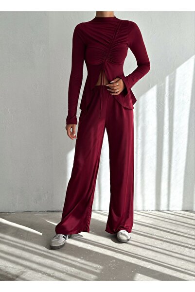 alenmoda Women's Asymmetrical Long-Sleeved Drawstring Blouse Loose Casual Pants Double Set