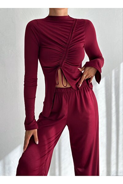 alenmoda Women's Asymmetrical Long-Sleeved Drawstring Blouse Loose Casual Pants Double Set