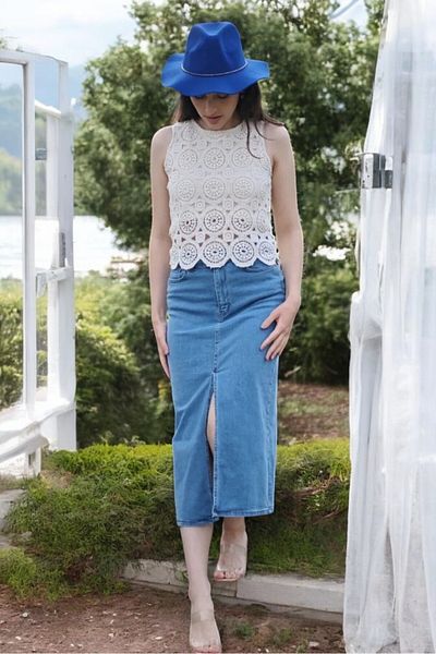 yagmurberen Fusta maxi din denim pentru femei - Lycra completă cu fantă în față și buzunare