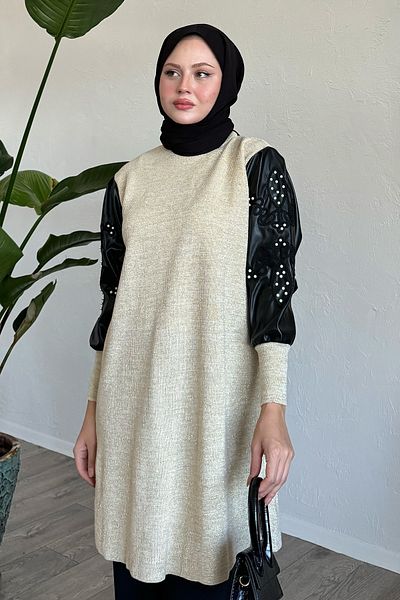 InStyle تونيك تريكو بيج بأكمام جلدية لامعة