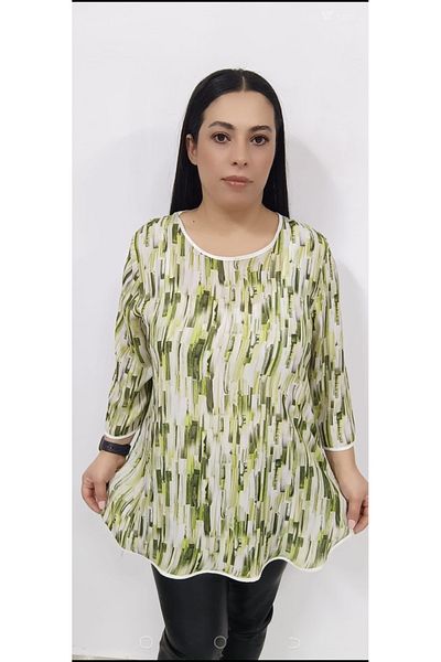 AKŞEN GİYİM Γυναικεία μπλούζα μεγάλου μεγέθους Moss Crepe Πανί Πράσινο Χρώμα Μαμά μπλούζα με μανίκια τριών τετάρτων
