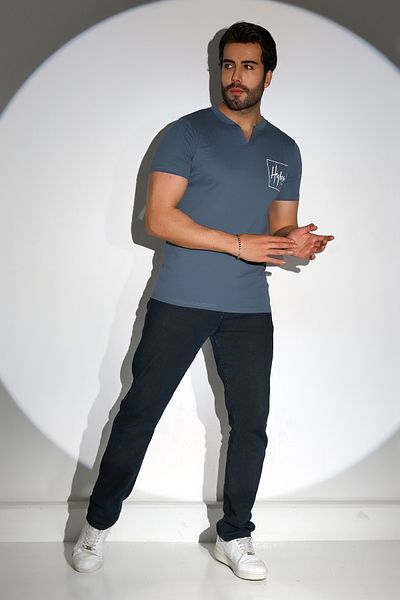 DİVİSTA Tricou cu mânecă scurtă cu guler imprimat de culoare albastră pentru bărbați