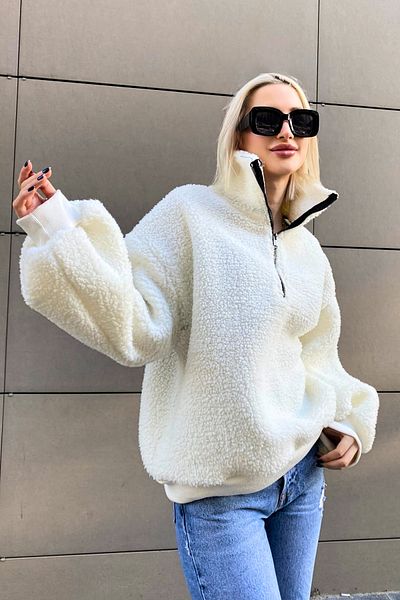 Madmext Weißes Plüsch-Sweatshirt mit Reißverschlusskragen MG1413