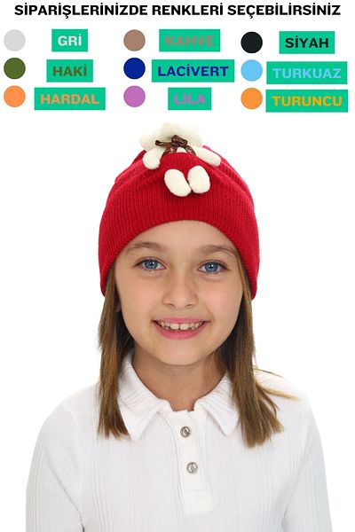e-çocuk 2024 Girls' Winter Set with Beanie and Bear Toys