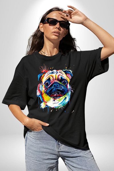 Angemiel Watercolor Pug Dog Cotton Crew Neck Women Men Oversize Boyfriend Digital Printed Black T-shi
