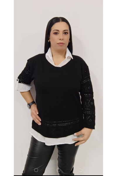 AKŞEN GİYİM ÖRME AJURLU YUMOŞ TRİKO BLUZ VE BEYAZ GÖMLEK KOMBİN