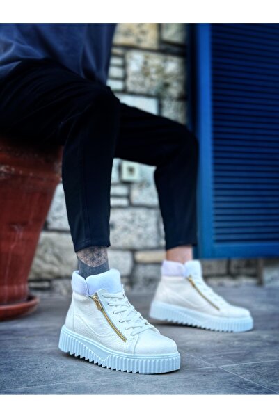 TUGERDİ Tugerdi Beyaz Çift Fermuarlı Kalın Yüksek Taban Erkek Spor Bot TGF230662