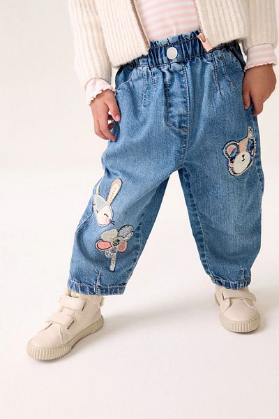 Next Baby Pantaloni pentru fete, 100% bumbac organic, cu decorațiuni cu caracter de denim albastru