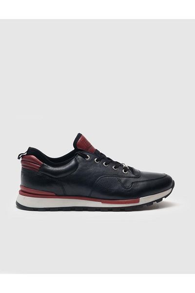 Cabani Genuine Leather Claret Red Color Detailed Lace Up Black Men's Sports Shoes